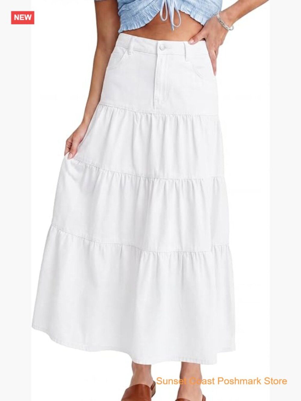 Womens High Waisted Long Denim Skirt Tiered Ruffle Swing A-Line Summer Boho